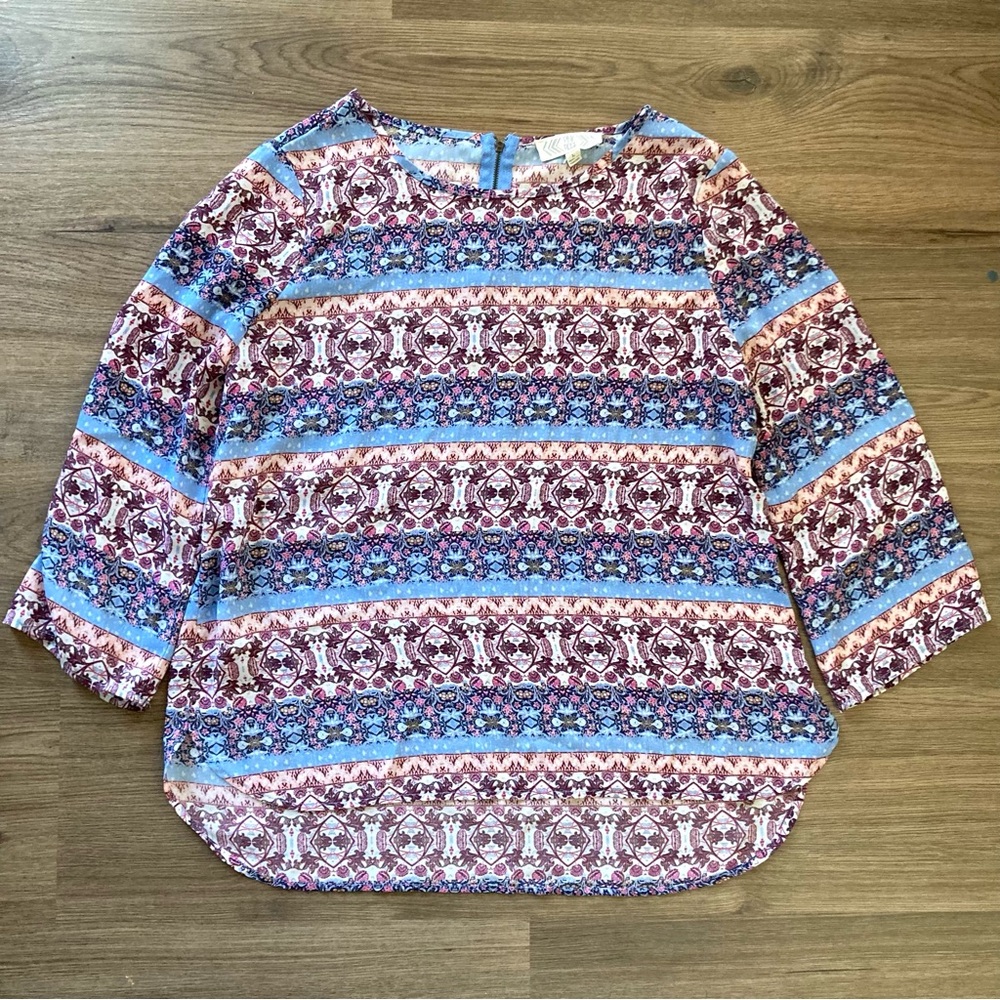 Pink Rose Pattern Flower Blouse Tunic Size L Boho 3/4 Sleeve Blue and Pink